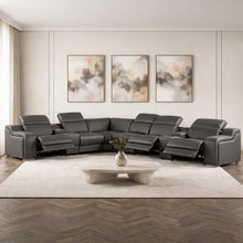 Load image into Gallery viewer, Italian Leather Power Reclining Curved Eight Piece Corner Sectional With Console - Gray