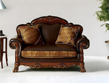 Load image into Gallery viewer, Chenille Faux Leather And Cherry Oak Love Seat - Brown