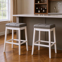 Load image into Gallery viewer, Faux Leather And Solid Wood Backless Bar Height Bar Chairs (Set of 2) - Gray And White