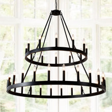 Load image into Gallery viewer, 2 Tiers Wagon Wheel Chandelier Wooden Farmhouse 36 Light (24 / 12) Or (12 / 24) Metal Chandeliers 2 Story Light Fixtures Industrial For High Ceiling Living Dining Room Foyer, Adjustable Height - Black
