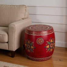 Load image into Gallery viewer, 18" Iron Hand Painted Floral Round Drum End Table - Red