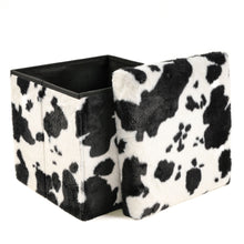 Load image into Gallery viewer, 15" Plastic Cow Print Storage Ottoman - White / Black