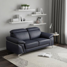 Load image into Gallery viewer, Genuine Leather Love Seat - Navy Blue / Silver