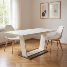 Load image into Gallery viewer, 71" Wood And Metal Self-Storing Leaf Pedestal Base Extendable Dining Table - White