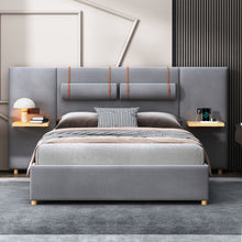 Load image into Gallery viewer, Upholstered Platform Bed, 2 Outlets And USB Charging Ports On Both Sides, 2 Bedside Pillows, Storage Shelves