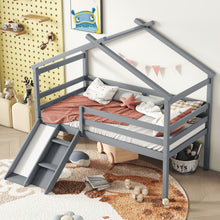 Load image into Gallery viewer, Low Loft House Bed With Slide, Ladder, Safety Guardrails, House Roof Frame
