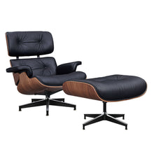 Load image into Gallery viewer, 28" Tufted Genuine Leather Lounge Chair With Ottoman - Black / Light
