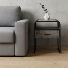 Load image into Gallery viewer, Wood And Metal Square End Table With Drawer And Shelf - Black And Gray