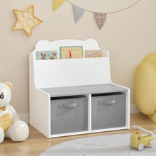 Load image into Gallery viewer, Bookshelf With Storage Bins, Bookcase With Book Display Shelf And 2 Bins, Cute Bear Shaped Backboard, Toy Organizer - White