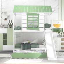 Load image into Gallery viewer, Twin Over Twin House Bunk Bed With Convertible Slide And Trundle - White