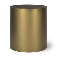 Load image into Gallery viewer, 22" Antiqued Metal And Solid Wood Drum End Table With Storage - Gold