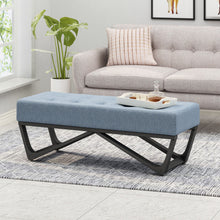 Load image into Gallery viewer, Upholstered Ottoman With Button Tufted Waffle Stitch And Black Geometric Legs - Light Blue