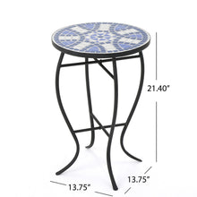 Load image into Gallery viewer, Outdoor Round Side Table With Mosaic Style Top And Curved Iron Legs - Blue / Matte Black