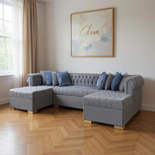 Load image into Gallery viewer, Velvet U Shaped Three Piece Sofa Chaise Sectional With Toss Pillows - Gray