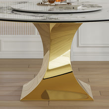 Load image into Gallery viewer, Luxury Round 59" Sintered Stone Dining Table With Stainless Steel Hourglass Base, Scratch & Heat Resistant Surface - Golden / White