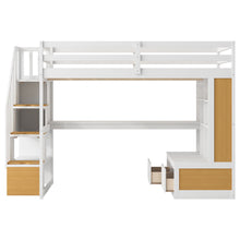 Load image into Gallery viewer, Full Size Loft Bed With Desk And Shelves, 2 Built In Drawers, Storage Staircase - Natural / White