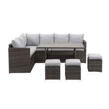 Load image into Gallery viewer, 7 Piece All Weather Patio Dining Set With Cushions, Sectional Sofa, Ottomans & Table For Backyard - Gray / Brown