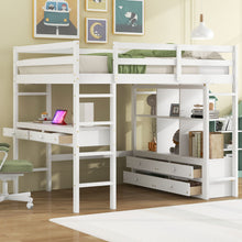 Load image into Gallery viewer, Full Size Loft Bed With Built In Desk, 2 Drawers, Storage Shelves - White