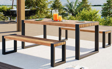 Load image into Gallery viewer, 3 Pieces Outdoor Dining Table With 2 Benches, Patio Dining Set With Unique Top Texture, Acacia Wood Top & Steel Frame, All Weather Use, For Outdoor & Indoor - Natural
