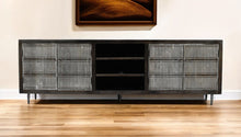 Load image into Gallery viewer, 92" Carved Geometric Distressed Solid Wood Enclosed And Open Storage TV Stand - Dark Brown