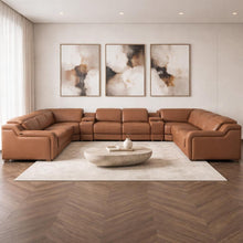 Load image into Gallery viewer, Italian Leather Power Reclining U Shaped 10 Piece Corner Sectional With Console - Chestnut