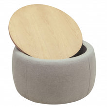 Load image into Gallery viewer, 26" Fabric And Wood Reversible Tray Top Round Storage Ottoman - Light Gray