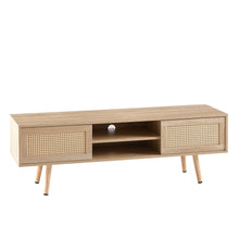 Load image into Gallery viewer, 55.12" Rattan TV Cabinet, Double Sliding Doors For Storage, Adjustable Shelf, Solid Wood Legs, TV Console For Living Room