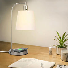 Load image into Gallery viewer, Metal Round USB Table Lamp With White Empire Shade - Nickel