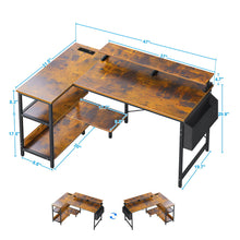 Load image into Gallery viewer, L-Shaped Gaming Desk With Power Outlets, Monitor Stand & Storage Shelves, Reversible Corner Workstation - Black / Brown