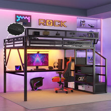 Load image into Gallery viewer, Loft Bed With Desk And Charging Station With Stairs And Light