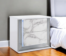 Load image into Gallery viewer, 25" Wood Faux Marble Solid And Manufactured Wood Lighted Two Drawer Nightstand With USB Port - White
