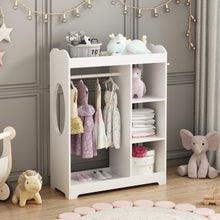 Load image into Gallery viewer, Dress Up Storage With Mirror And Hooks, Clothes Rack With Hanging Rod, 3 Side Hooks, Open Shelves, Top Shelf Organizer - White