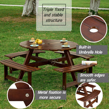 Load image into Gallery viewer, 8 Person Round Picnic Table With 4 Built In Benches, Umbrella Hole For Garden - Brown