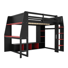 Load image into Gallery viewer, Gaming Loft Bed With Desk, Multi Storage Shelves, LED Lighting, And Hanging Clothes Rack