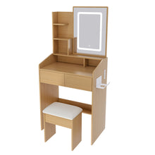 Load image into Gallery viewer, Vanity Table With LED Mirror, Power Outlet, Hairdryer Holder & Padded Stool, Compact Dressing Desk For Small Bedrooms - Wood