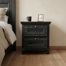 Load image into Gallery viewer, Solid Wood Square Distressed Carved Floral Two Drawer Nightstand - Black