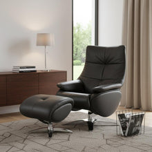 Load image into Gallery viewer, Tufted Genuine Leather Manual Swivel Recliner With Ottoman (730540) - Black