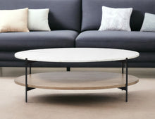 Load image into Gallery viewer, Oval Marble Top And Black Metal Base Coffee Table W Wood Shelf - White