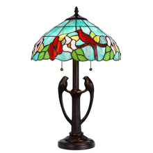 Load image into Gallery viewer, Two Light Tiffany Table Lamp With Aqua And Red Floral Shade - Bronze