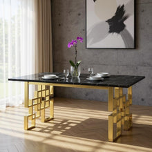 Load image into Gallery viewer, 79" Marble And Metal Double Pedestal Base Dining Table - Black / Gold