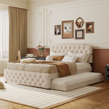 Load image into Gallery viewer, Upholstered Platform Bed With Trundle And 2 Sets Of USB Ports On Each Side, Fabric