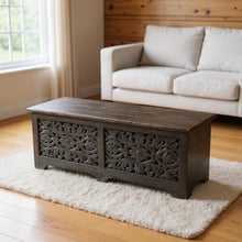 Load image into Gallery viewer, 52" Distressed Solid Wood Carved Floral Storage Ottoman - Black
