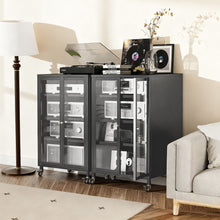 Load image into Gallery viewer, Media Storage Cabinet With Wheels, 4 Adjustable Glass Shelves & Door, Heavy-Duty - Black