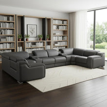 Load image into Gallery viewer, Italian Leather Power Reclining U-Shaped 8 Piece Corner Sectional With Console - Dark Gray