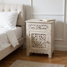 Load image into Gallery viewer, One Drawer Floral Carved Solid Wood Nightstand - Distressed White