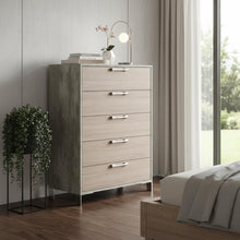 Load image into Gallery viewer, Solid Wood Five Drawer Chest - Brown Oak / Gray
