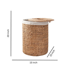 Load image into Gallery viewer, Round Tall Water Hyacinth Woven Wicker Laundry Hamper With Lid - For Clothes, Toys And Book Storage With Removable Liner - 15" X 15" X 20" - Natural Brown