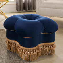 Load image into Gallery viewer, Ellen - Upholstered Clover Ottoman With Gold Bullion Fringe - Navy Blue