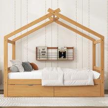 Load image into Gallery viewer, House Style Platform Bed With Headboard, Footboard, 2 Drawers, And Roof Design