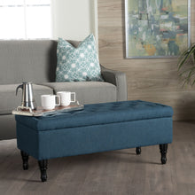Load image into Gallery viewer, Hyatt - Suede Storage Ottoman With Tufted Top And Dark Wooden Legs - Navy Blue